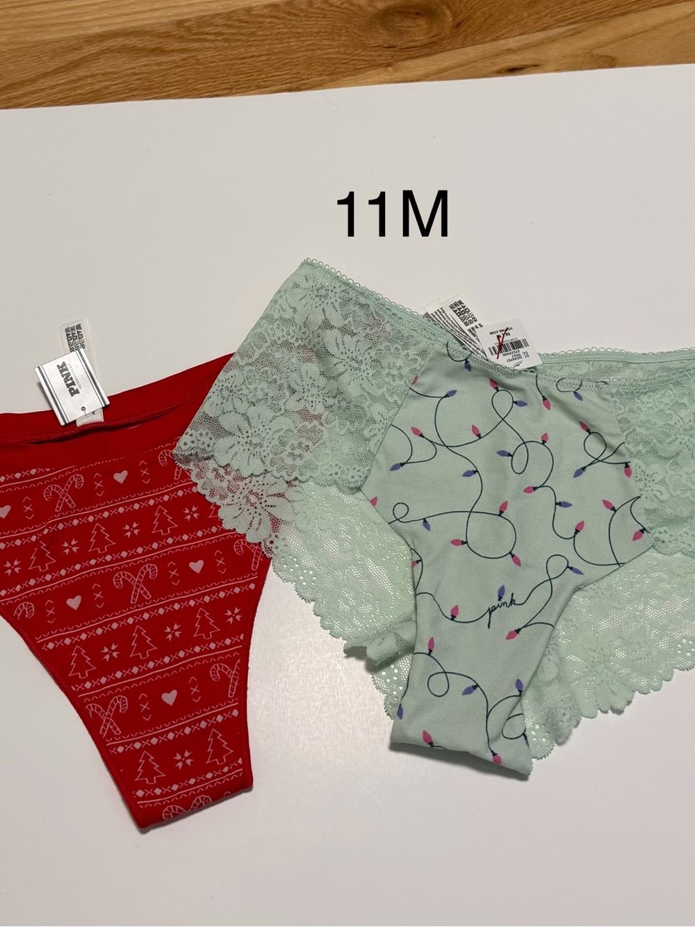 PINK Victoria's Secret Mint Lace & Red Holiday Print Hipster Panties